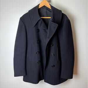 Pea Coat Size 40-42 M Navy Blue Men's 100% Wool Military Jacket Vintage 50s 60s